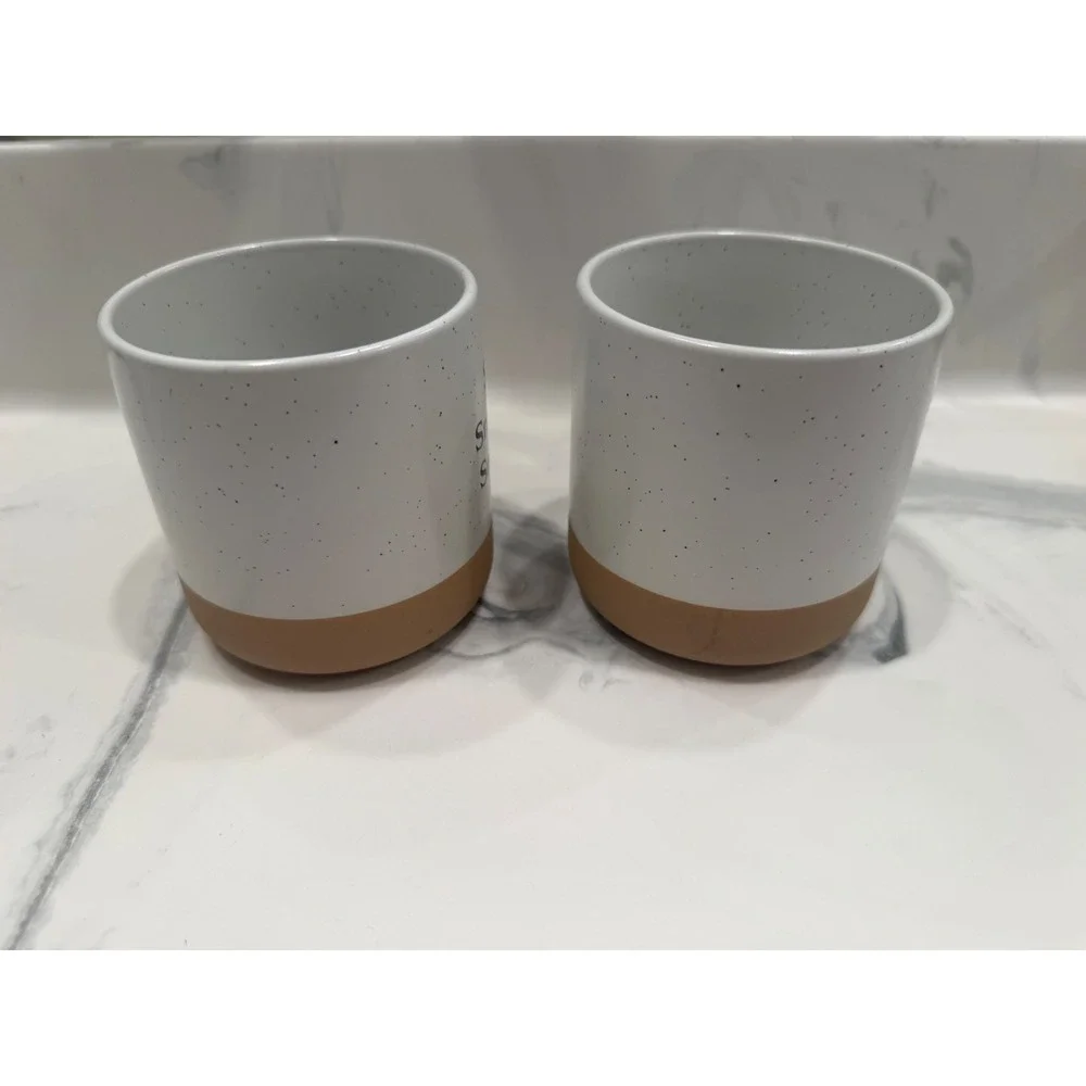 Set of 2 Speckled Ceramic Coffee Mugs Sip Snuggle Snooze White Tan Rustic